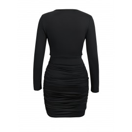 Spring, Summer And Autumn Women's Sexy Dress, V-neck, Solid Color, Tight, Hip-hugging, Ruffled Design, Short Style, Sexy Hip-hugging One-piece Mini Dress