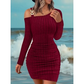 Women's Elegant Off-Shoulder Bodycon Dress - High Elasticity Stretch Fabric, Mid-Length Long Sleeve, Deep Red Solid Color, Machine Washable for Fall/Winter