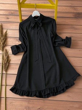 Women's Elegant Black -Line Dress with Collar & Ruffled Short Sleeves - Fitted Waist Short Length (bove Knee) Long Dress, Machine Washable -Season Formal/Casual Wear, Bow Tie Closure - Tailored for Weddings & Office ttire, Black Dresses For Women, Long Sleeve Dresses For Women, Dresses For Women Elegant Classy, Black Dresses For Women Elegant Classy, Fall Dresses For Women, High Neck Dress For Women, Blouse For Women, Party Dresses For Women, Dresses For Women Winter, Dresses