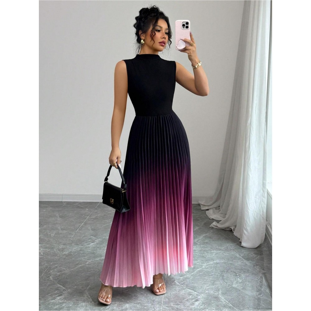 Women'S Elegant Gradient Ombre Sleeveless Maxi Dress - High Neck A-Line Silhouette with Puff Sleeve Accent, Vibrant Purple-Pink-Purple Print, Lightweight Summer Formal & Semi-Formal Evening Gown for Beach Parties, Weddings