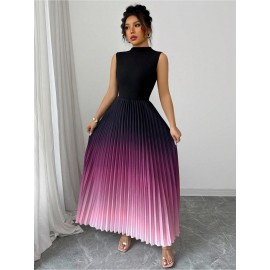 Women'S Elegant Gradient Ombre Sleeveless Maxi Dress - High Neck A-Line Silhouette with Puff Sleeve Accent, Vibrant Purple-Pink-Purple Print, Lightweight Summer Formal & Semi-Formal Evening Gown for Beach Parties, Weddings