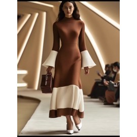 Women's Elegant Floor-Length A-Line Floor-Length Evening Gown with High Bell Sleeve & Puff Sleeve - Solid Brown & White Hem A-Line Silhouette, Floor-Length Formal Party Wedding Gala Dress - Machine Washable All-Season Tunic Dress for Women (Brown/White/Beige) - Structured Fit with Contrast Hem & Solid Color Design, Suitable for Adults, Chic & Sophisticated A-Line Silhouette, Wedding Dresses for Women Elegant Classy, Black Tie Event Dresses for Women,