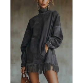 Bohemian Winter Dress with Suede Fringe Hem & Pockets - High Neck Long Sleeve Elegant Loose Fit Dress, 3D Tailored Silhouette for Weddings, Parties, Daily Wear - Machine Washable Autumn Dress