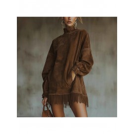 Bohemian Winter Dress with Suede Fringe Hem & Pockets - High Neck Long Sleeve Elegant Loose Fit Dress, 3D Tailored Silhouette for Weddings, Parties, Daily Wear - Machine Washable Autumn Dress