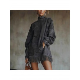 Bohemian Winter Dress with Suede Fringe Hem & Pockets - High Neck Long Sleeve Elegant Loose Fit Dress, 3D Tailored Silhouette for Weddings, Parties, Daily Wear - Machine Washable Autumn Dress