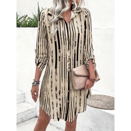 Striped Print Front Button Dress | Vintage 3/4 Sleeve Loose Shirt Dress, Elegant Lapel Collar, Suitable for Spring and Autumn, Women'S Clothing