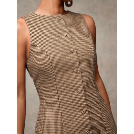 Women'S Elegant Plaid Sleeveless Dress with Front Buttons, Round Neck, Short Casual Style for Office, Formal Events, Daily Wear, Autumn and Winter Wear, Casual Event Dress | Checkered Pattern Dress | Polyester Fabri