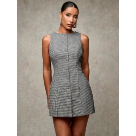 Women'S Elegant Plaid Sleeveless Dress with Front Buttons, Round Neck, Short Casual Style for Office, Formal Events, Daily Wear, Autumn and Winter Wear, Casual Event Dress | Checkered Pattern Dress | Polyester Fabri