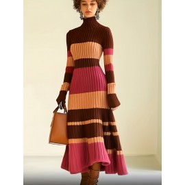 1pc Women's Deer Plush Three-Color Spliced Dress, High Neck Striped Fashion Casual Commuter Warm for Autumn and Winter
