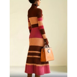 1pc Women's Deer Plush Three-Color Spliced Dress, High Neck Striped Fashion Casual Commuter Warm for Autumn and Winter