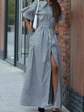 Women's Christmas Green & Red Plaid A-Line Shirt Dress - 3/4 Sleeve Maxi Dress Suitable for Year-Round Wear, Holiday Parties & Everyday Outfits - Retro Style Button-Front Dress