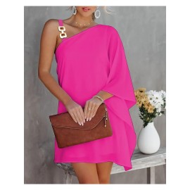 Women'S Elegant One Shoulder Black Midi Dress with Batwing Sleeves & Chain Accent - Boho to Semi-Formal Fitted Top & Flowy Skirt, Asymmetrical Hem, No - Fall/Winter Party Wedding Semi-Formal Attire (No Bra Padding, Natural Silhouette)