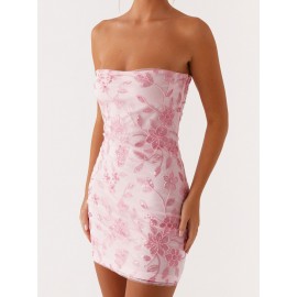 Women's Sexy Red Beaded Floral Off-Shoulder Bodycon Mini Dress - Sparkly Sequin Sleeveless Open Back Tube Top, Summer Party & Night Out Dress, Machine Washable