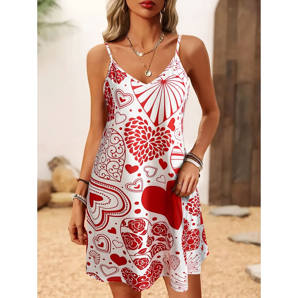 Holiday-themed New Spring/Summer Valentine's Day Heart Pattern Women's Dress with Spaghetti Straps