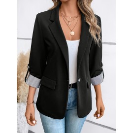 Women's Elegant Solid Black/White Lapel Blazer Jacket - Structured X-Line Single-Button Closure Work Suit Coat with Fake Pockets, Machine Washable Professional Office & Commuter Attire, Year-Round Tailored Outerwear