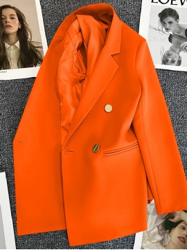 Women's Bright Orange Double-Breasted Lapel Blazer - Oversized Loose-Fit Winter Coat with Pockets, Long Sleeve Tailored Jacket for, Casual & Formal Events, Machine Washable (Vibrant Solid Color Outerwear)