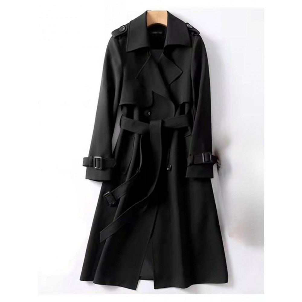 Women's British Style Medium-Length & Long Trench Coat - Knee-Length Button-Front Closure Coat with Wrinkle Detailing, Loose Fit All-Season Outerwear (Machine Washable) for, Casual & Smart-Casual Attire