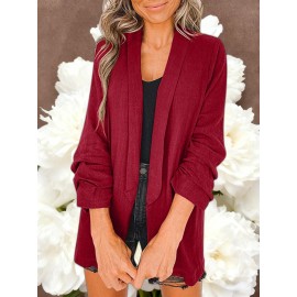 Women Fashion Solid Color Open Front Long Elastic Sleeves Suit Loose Blazers | Chic Outerwear, Single Breasted, Regular Length, Suitable for Everyday & Formal Outfits, Spring/Fall Essential