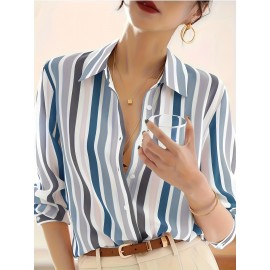 Women'S Casual Striped Long Sleeve Shirt - And Vertical Stripes, Lightweight, Classic Collar Design, Versatile for Spring/Summer/Fall