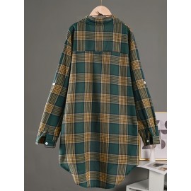 [Casual Plaid Shirt] Women's Casual Plaid Shirt - Thick Non-Stretch Fabric, Loose Fit Mid-Length Collar Single-Breasted Checkered Pattern, Machine Washable All-Season Top for Casual &, Formal Outfits, Versatile Clothing, Classic Design, Durable Material, Stylish Blouse