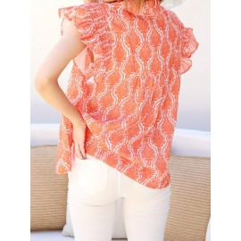 Women'S Summer Sleeveless V-Neck Tank Top - Vibrant Orange & White All-Over Print Loose Fit Flowy Shirt with Ruffled Hem, Lightweight Breathable Casual Blouse for Beach, Spring Summer Fall Layering, Versatile Everyday & Semi-Formal Wear, Seasonal Wardrobe Staple, Flowy Fabric, Blouse For Women Dressy Casual, Beautiful Blouse For Women, Elegant Blouse For Women, Women Top And Blouse, Blouse For Women, Top For Women