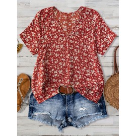 Women'S Red & White Floral Print V-Neck Short Sleeve Blouse - Lightweight Summer Shirt with Relaxed Fit, Machine Washable Nontransparent Fabric, Elegant Casual Top for Beach Outfits, Casual Attire & Semi-Formal Events, Breathable V-Neck Design with