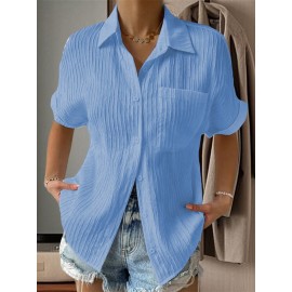 Women Short Sleeve Textured Shirts Solid Color Turn Collar Button Blouses Summer Loose Tops