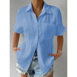 Women Short Sleeve Textured Shirts Solid Color Turn Collar Button Blouses Summer Loose Tops