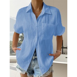 Women Short Sleeve Textured Shirts Solid Color Turn Collar Button Blouses Summer Loose Tops
