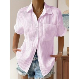 Women Short Sleeve Textured Shirts Solid Color Turn Collar Button Blouses Summer Loose Tops