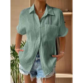 Women Short Sleeve Textured Shirts Solid Color Turn Collar Button Blouses Summer Loose Tops