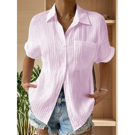 Women Short Sleeve Textured Shirts Solid Color Turn Collar Button Blouses Summer Loose Tops