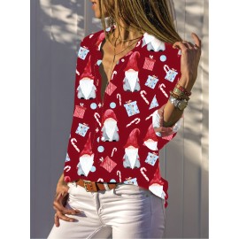 Women's Christmas Gnome & Candy Cane Print Long Sleeve Blouse - Red Collar Button Front Shirt with Gnome & Candy Cane Patterns, All-Season Casual & Holiday Party Outfit, Machine Washable Festive Sweater-Like Top