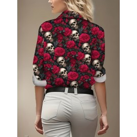 Women'S Gothic Floral & Skull Print Blouse - Red Roses & Skulls on Red Background, All-Season Casual Shirt with Collar & Button Front, Non-stretch Fabric For Halloween, Parties, Everyday Outfits - Women'S Clothing, Halloween Clothes, Party Attire