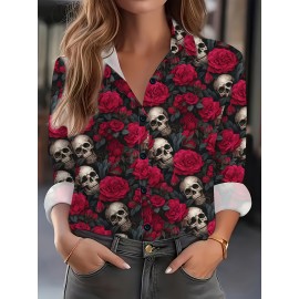 Women'S Gothic Floral & Skull Print Blouse - Red Roses & Skulls on Red Background, All-Season Casual Shirt with Collar & Button Front, Non-stretch Fabric For Halloween, Parties, Everyday Outfits - Women'S Clothing, Halloween Clothes, Party Attire