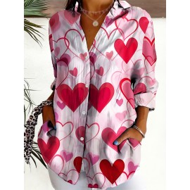 Women's Red Heart Print Lapel Button-Front Shirt Blouse - Valentine's Day Outfit, Spring Summer Casual & Dressy Tops, Machine Washable Resort Style Collar Shirt for Beach Vacations & Romantic Events