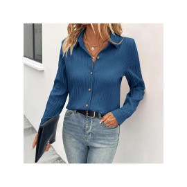 Women's Slim-Fit Lapel Collar Long Sleeve Shirt Jacket - Solid Blue (Navy/Turquoise/Lavender/Dark Brown) Button-Front Blazer, Wrinkle-Resistant & Machine Washable, Elegant Casual to Professional Wear for Spring/Autumn, Versatile to