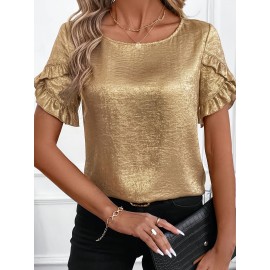 [Elegant Blouse] Elegant Golden Foil Women's Blouse | Round Neck Short Sleeve Summer Shirt, Machine Washable Solid Color Top for Casual & Formal Occasions, Ruched Shoulder Design, Lightweight Fabric