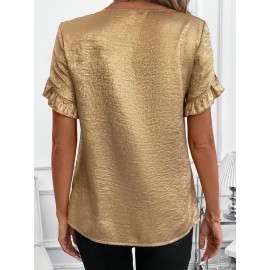 [Elegant Blouse] Elegant Golden Foil Women's Blouse | Round Neck Short Sleeve Summer Shirt, Machine Washable Solid Color Top for Casual & Formal Occasions, Ruched Shoulder Design, Lightweight Fabric