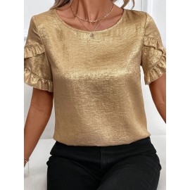 [Elegant Blouse] Elegant Golden Foil Women's Blouse | Round Neck Short Sleeve Summer Shirt, Machine Washable Solid Color Top for Casual & Formal Occasions, Ruched Shoulder Design, Lightweight Fabric