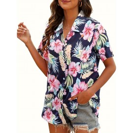 Women's Hawaiian Shirt - Short Sleeve A-Line Tropical Hibiscus & Palm Print Button-Front Blouse, Pink/Orange/Green/Navy Blue - Soft Breathable Aloha Top for Beach Vacation, Hawaiian Luau Party & Summer Outfits (Machine Washable)