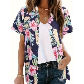 Women's Hawaiian Shirt - Short Sleeve A-Line Tropical Hibiscus & Palm Print Button-Front Blouse, Pink/Orange/Green/Navy Blue - Soft Breathable Aloha Top for Beach Vacation, Hawaiian Luau Party & Summer Outfits (Machine Washable)