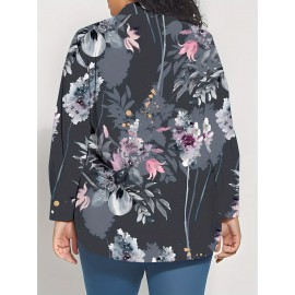 Women'S Plus-Size Elegant Asian-Inspired Floral Print Long-Sleeve Lapel Collar Blouse - Soft Breathable Fabric, Waist-Cinching & Button-Up Top with Umbrella Hem, All-Season Casual & Formal Shirt in Deep Gray Tones (Pink/White/Black) - Perfect Christ