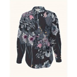 Women'S Plus-Size Elegant Asian-Inspired Floral Print Long-Sleeve Lapel Collar Blouse - Soft Breathable Fabric, Waist-Cinching & Button-Up Top with Umbrella Hem, All-Season Casual & Formal Shirt in Deep Gray Tones (Pink/White/Black) - Perfect Christ