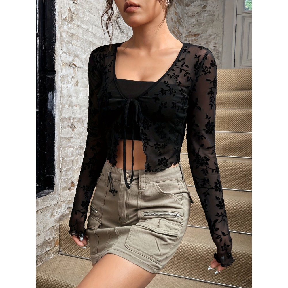 Women's Semi-Sheer Blouse with Botanical Leaf Print & Adjustable Tie-Front - Lightweight All-Season Lace-Like Sheer Panel Shirt, Hand Washable Elegant Casual to Dressy Tops (Plant Pattern)