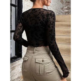 Women's Semi-Sheer Blouse with Botanical Leaf Print & Adjustable Tie-Front - Lightweight All-Season Lace-Like Sheer Panel Shirt, Hand Washable Elegant Casual to Dressy Tops (Plant Pattern)