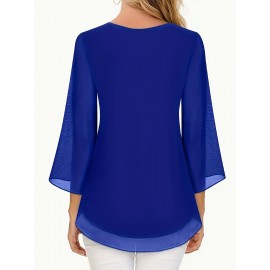 Women's Elegant Royal Blue Blouse - Non-See-Through Chic Chic Office to Party Top, Machine Washable Chiffon Shirt for Women Q293, Summer Wardrobe Essential, Flared Sleeves, Stylish Detailing, Fashionable Top, Trendy Outfit