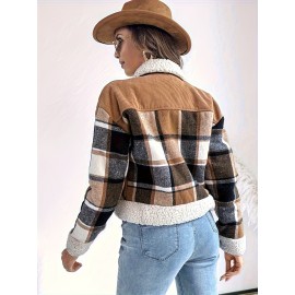 Vintage Corduroy Jacket with Faux Trim - Plaid Lapel Collar Short Coat, Workwear Lapel Pocket & Button Closure, Machine Washable Winter Outerwear (Brown/Beige) - Casual to Smart Casual Coat