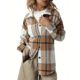 Women'S Button Plaid Print Shirt Jacket Casual Long Sleeve Lapel Loose Coat Going Out Jacket Outwear, Casual Wear, Summer Coat