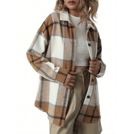 Women'S Button Plaid Print Shirt Jacket Casual Long Sleeve Lapel Loose Coat Going Out Jacket Outwear, Casual Wear, Summer Coat